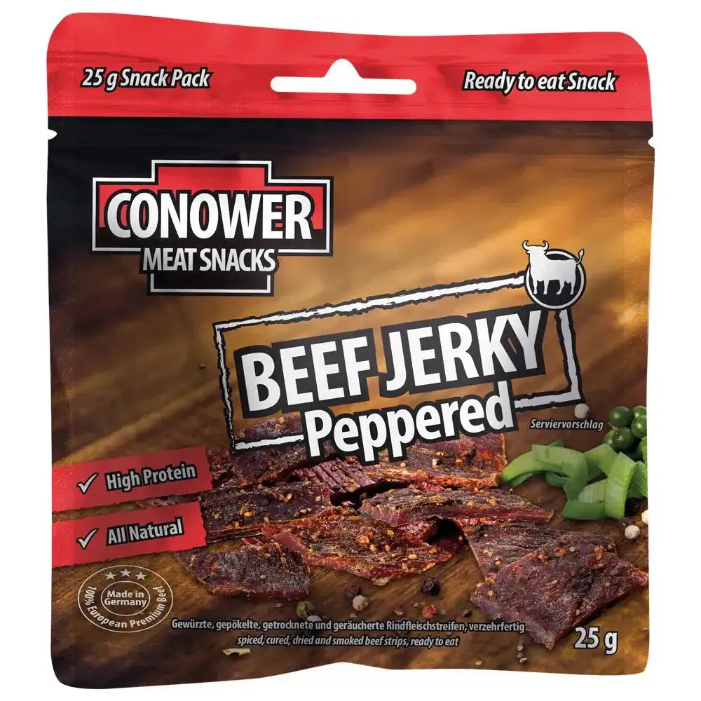 beef jerky aufbewahren Conower Snacks Beef Jerky Peppered 25 g online kaufen