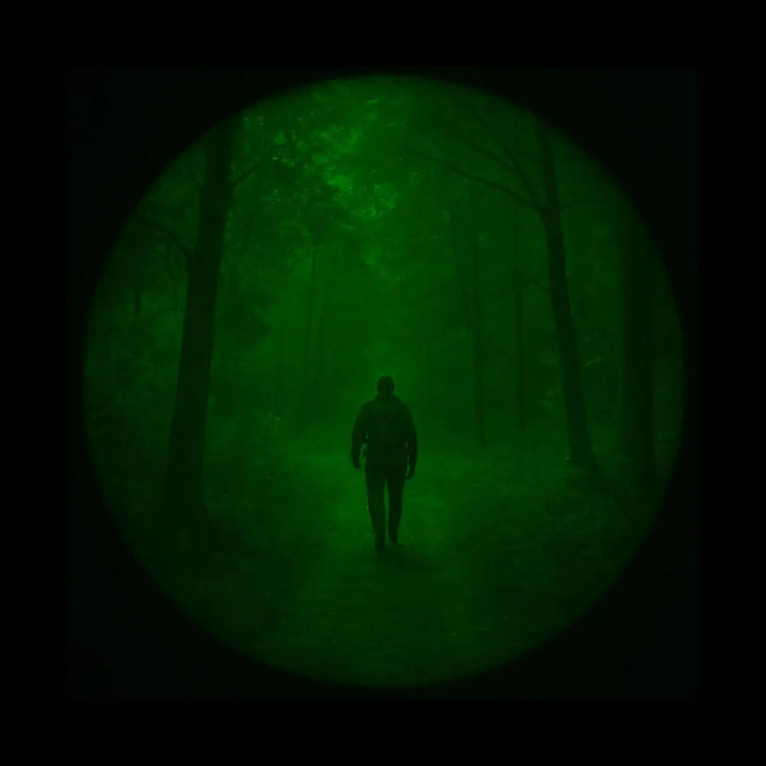 Mann im Wald bei Nacht mit grünem Nachtsicht-Effekt