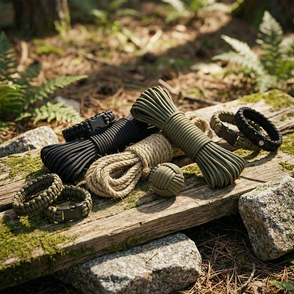 Paracord Seile liegen auf einem Holzbrett