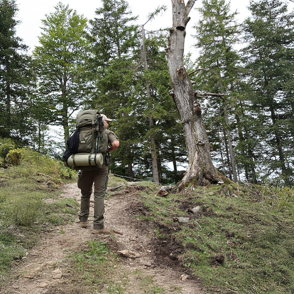 Ein vom Mensch getragener Rucksack auf einer Wanderung im Wald.