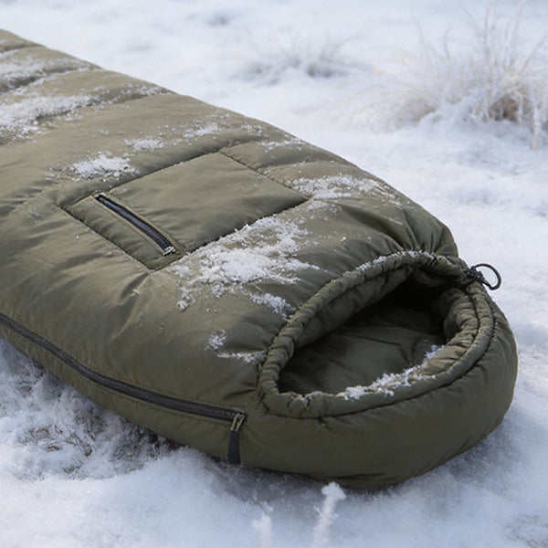 Verschneiter Winterschlafsack auf einem verschneiten Boden.
