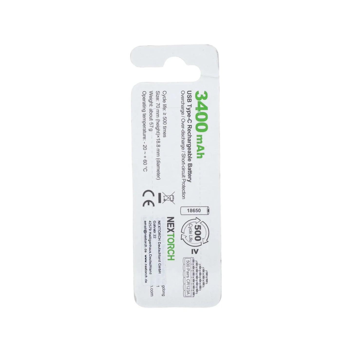 Nextorch Akku 18650 USB Li-Ion 3.6V 3.400 mAh - ASMC