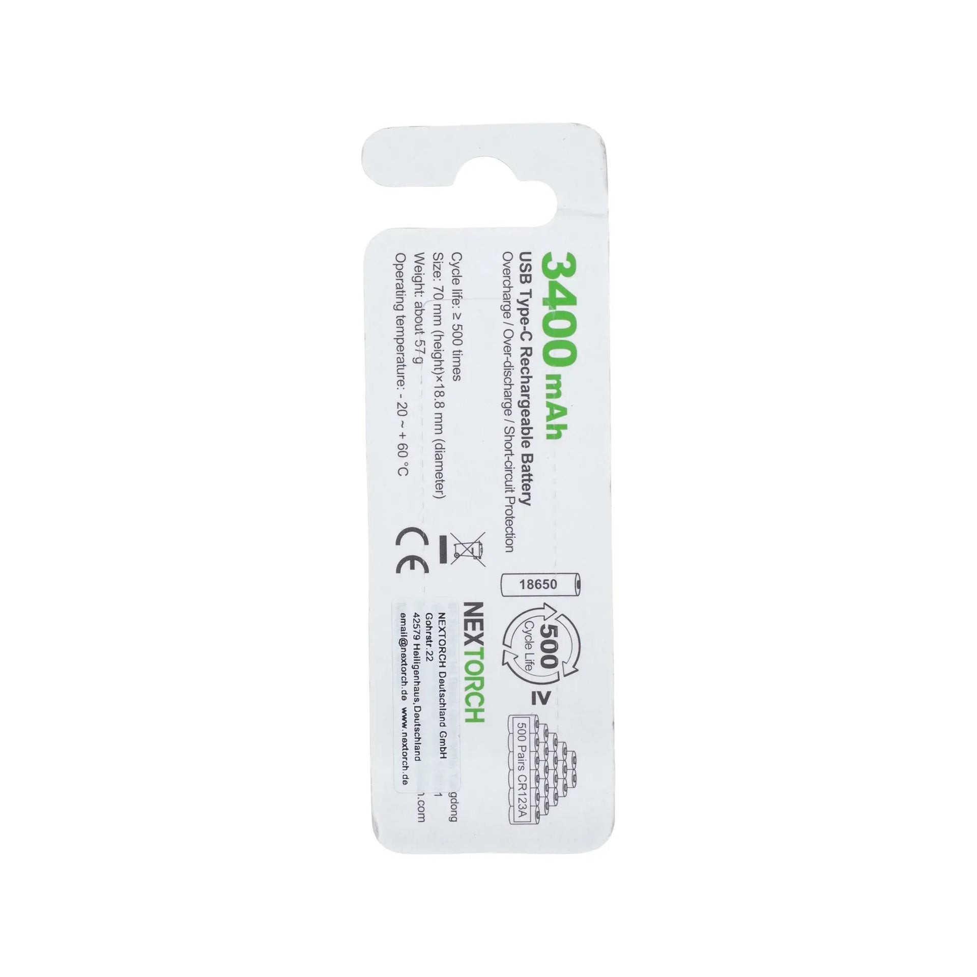 Nextorch Akku 18650 USB Li-Ion 3.6V 3.400 mAh - ASMC