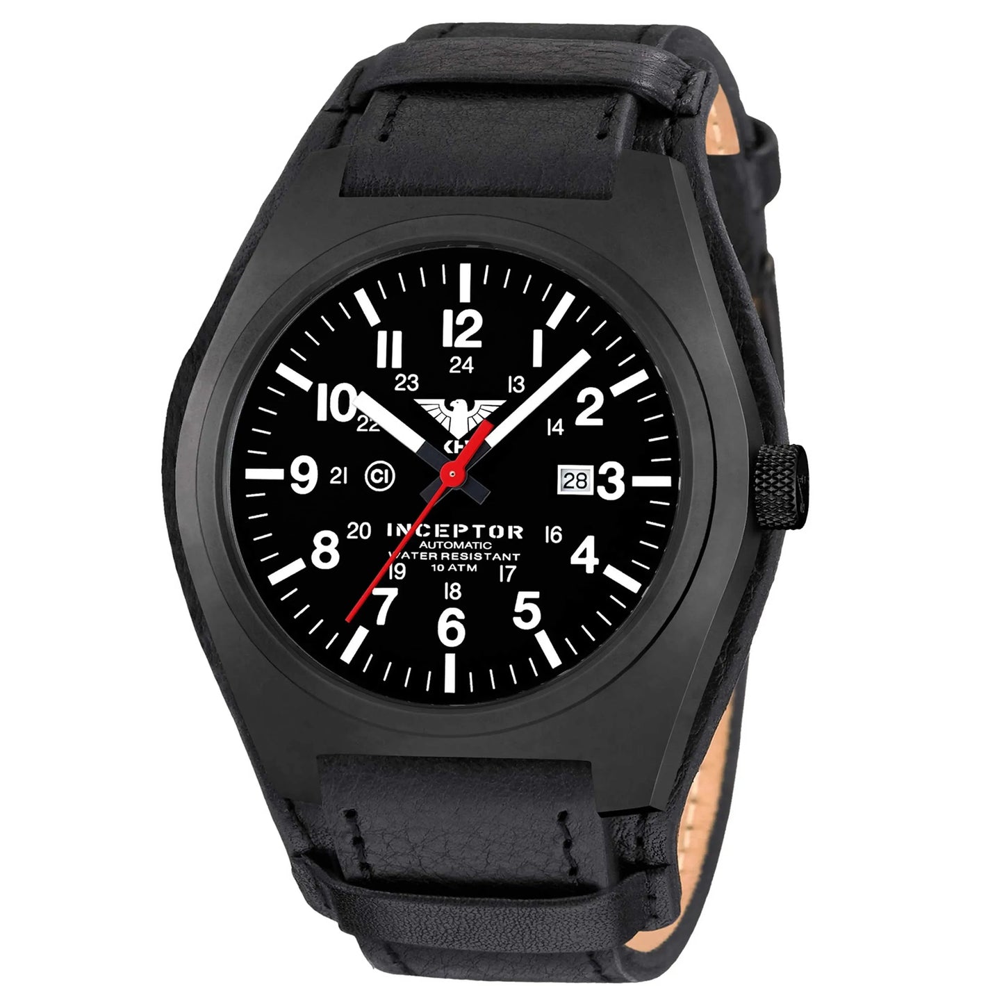 Armbanduhr Inceptor Black Steel Automatic Lederband G-Pad